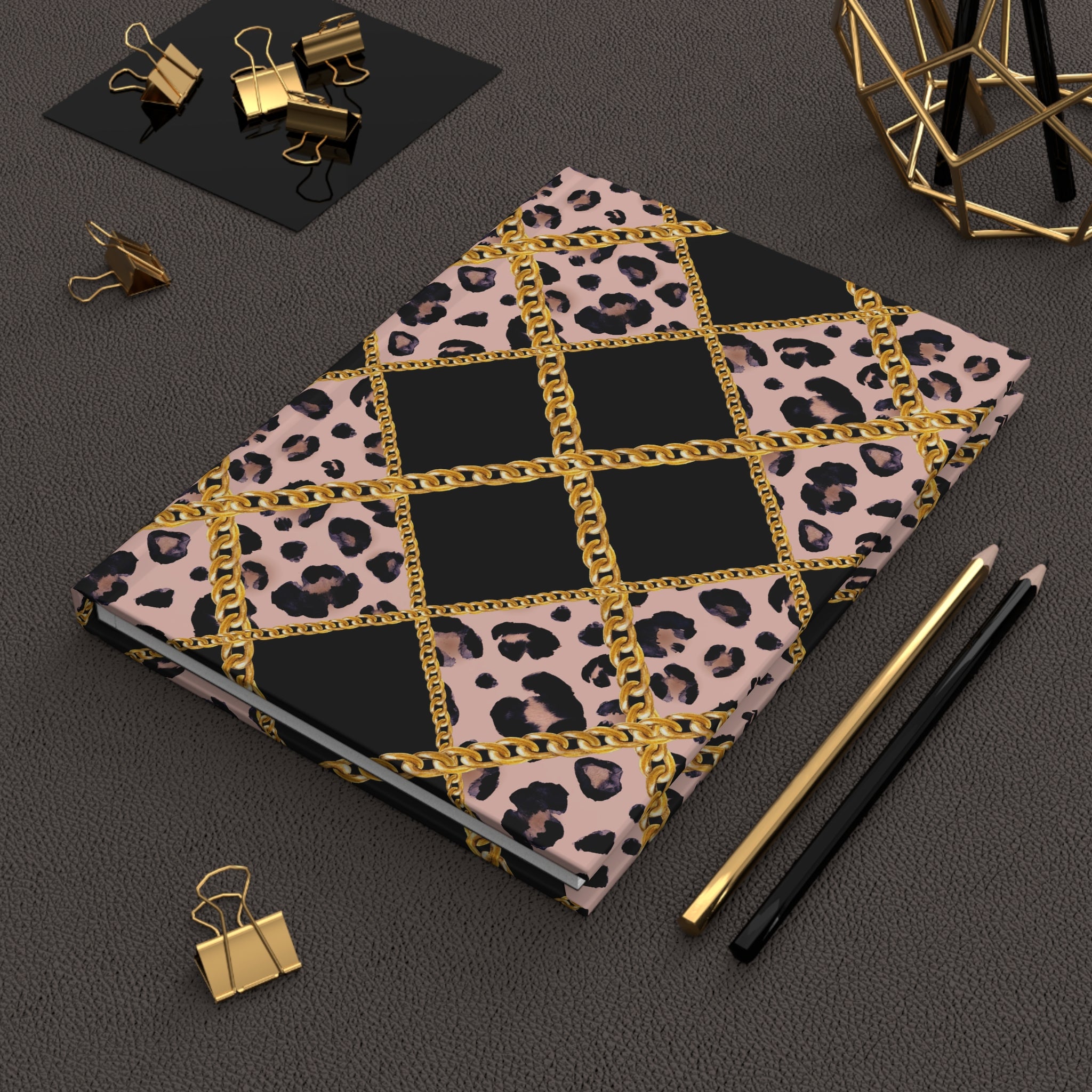 Hardcover Journal — Pink Leopard & Gold Chain Lattice (Lined) by Printify