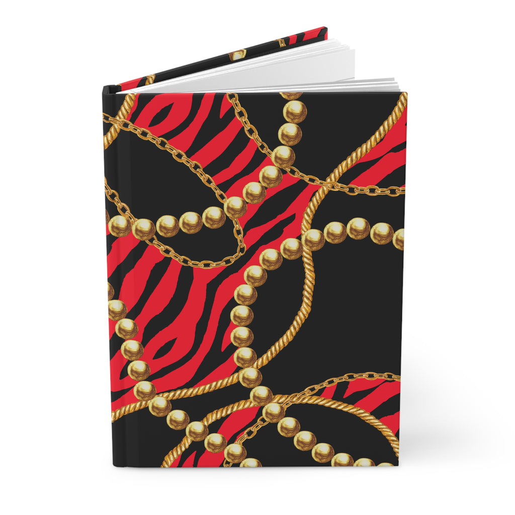 Hardcover Journal — Red Zebra & Gold Chain Lined Notebook by Printify