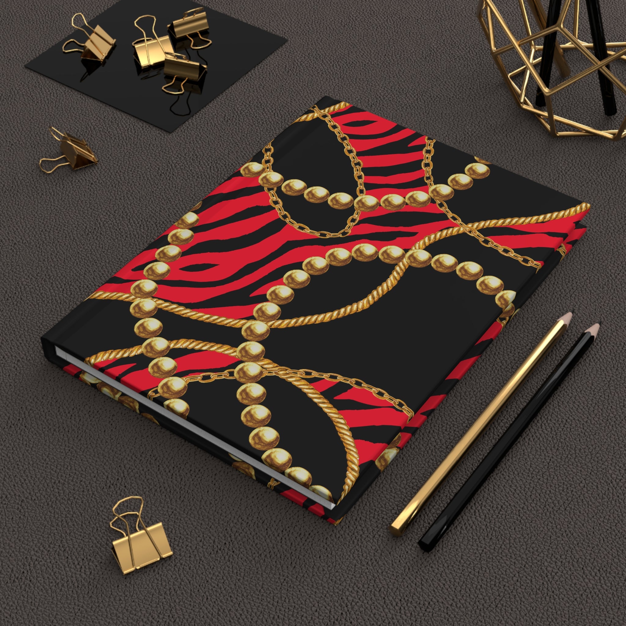 Hardcover Journal — Red Zebra & Gold Chain Lined Notebook by Printify