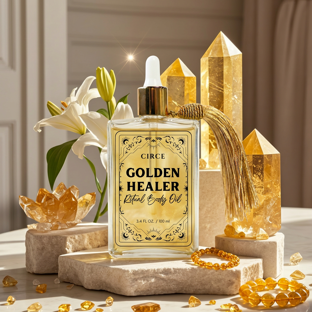 Circe Golden Healer ritual body oil with crystals and flowers on a neutral background