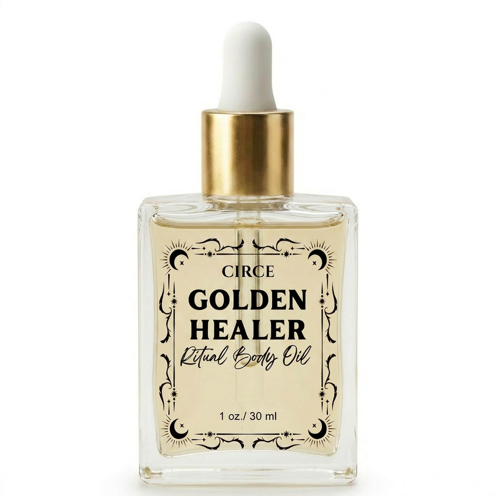 Circe Golden Healer Ritual Body Oil bottle with dropper on a white background