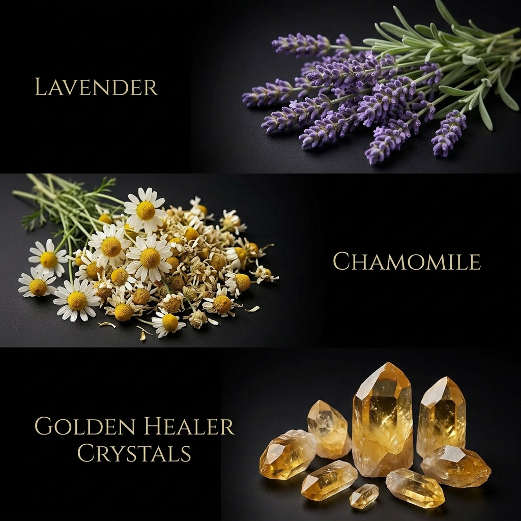 Collage of lavender, chamomile, and golden healer crystals on a dark background.
