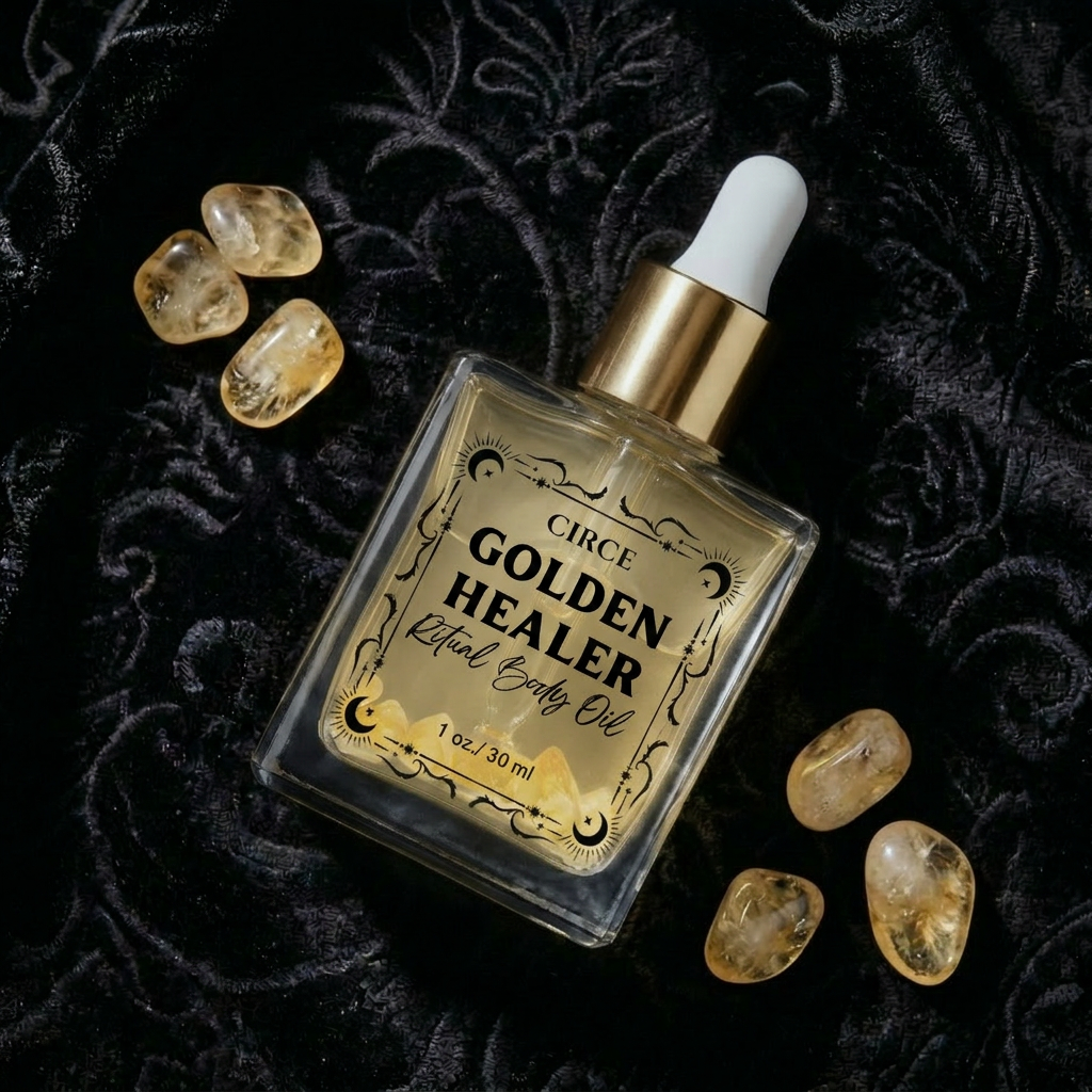 Bottle of 'Circe Golden Healer' ritual body oil on a dark textured background with gold stones.