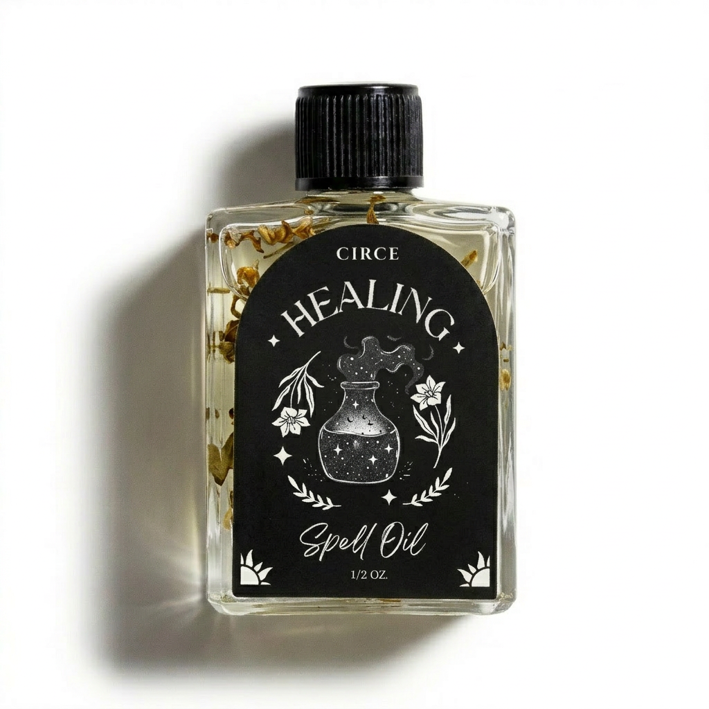 Bottle of Circe Healing Spell Oil with black cap on a white background