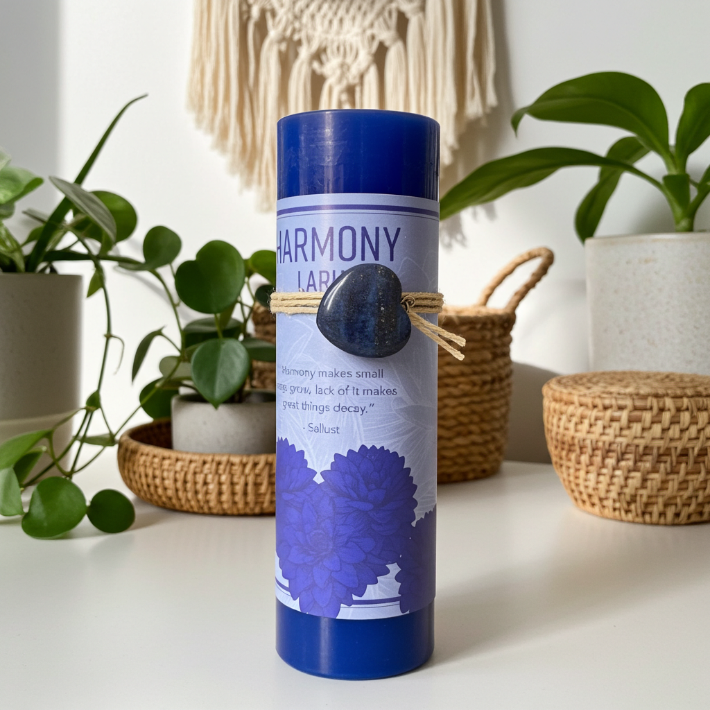 A blue cylindrical candle labeled 'HARMONY LARP' stands on a white tabletop in a styled home setting with potted plants, woven baskets, and a macrame wall hanging in the background.