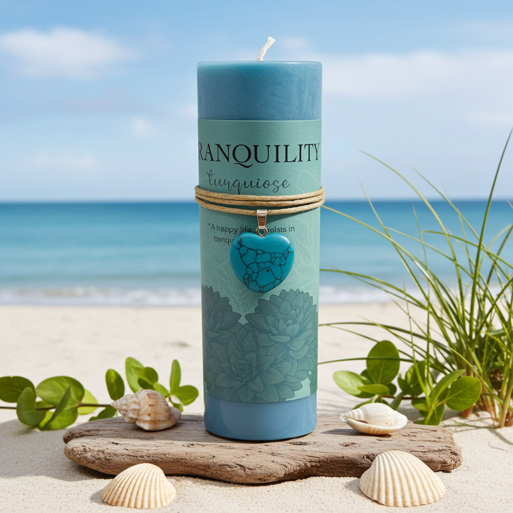 A teal blue pillar candle labeled 'MANQUILITY Lunguise' stands on a piece of driftwood on a sandy beach with shells, green leaves, and the ocean in the background.