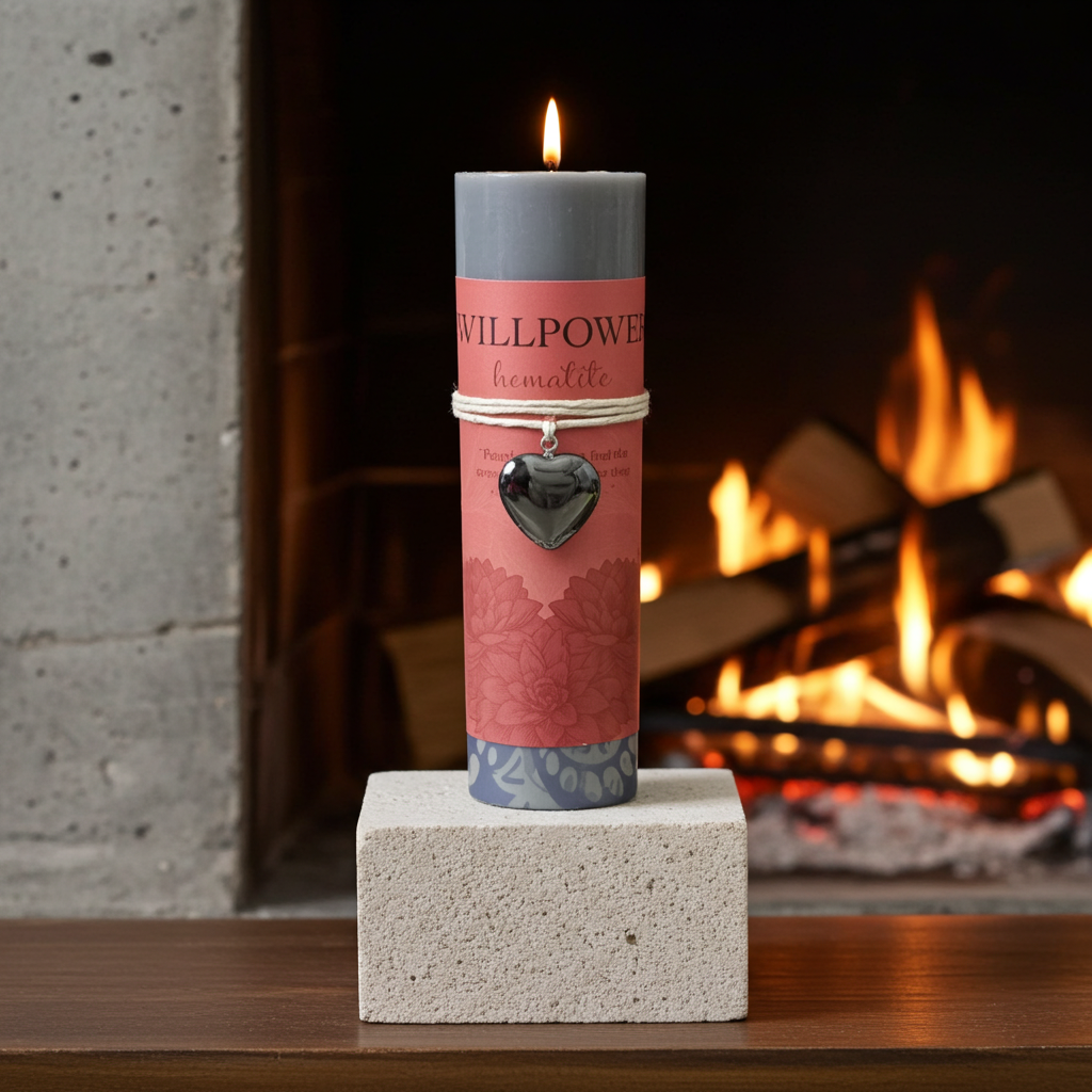 A lit cylindrical candle with a pink and gray label reading 'WILLPOWER homestead' stands on a white stone block in front of a blurred fireplace. A silver heart charm hangs from the candle.
