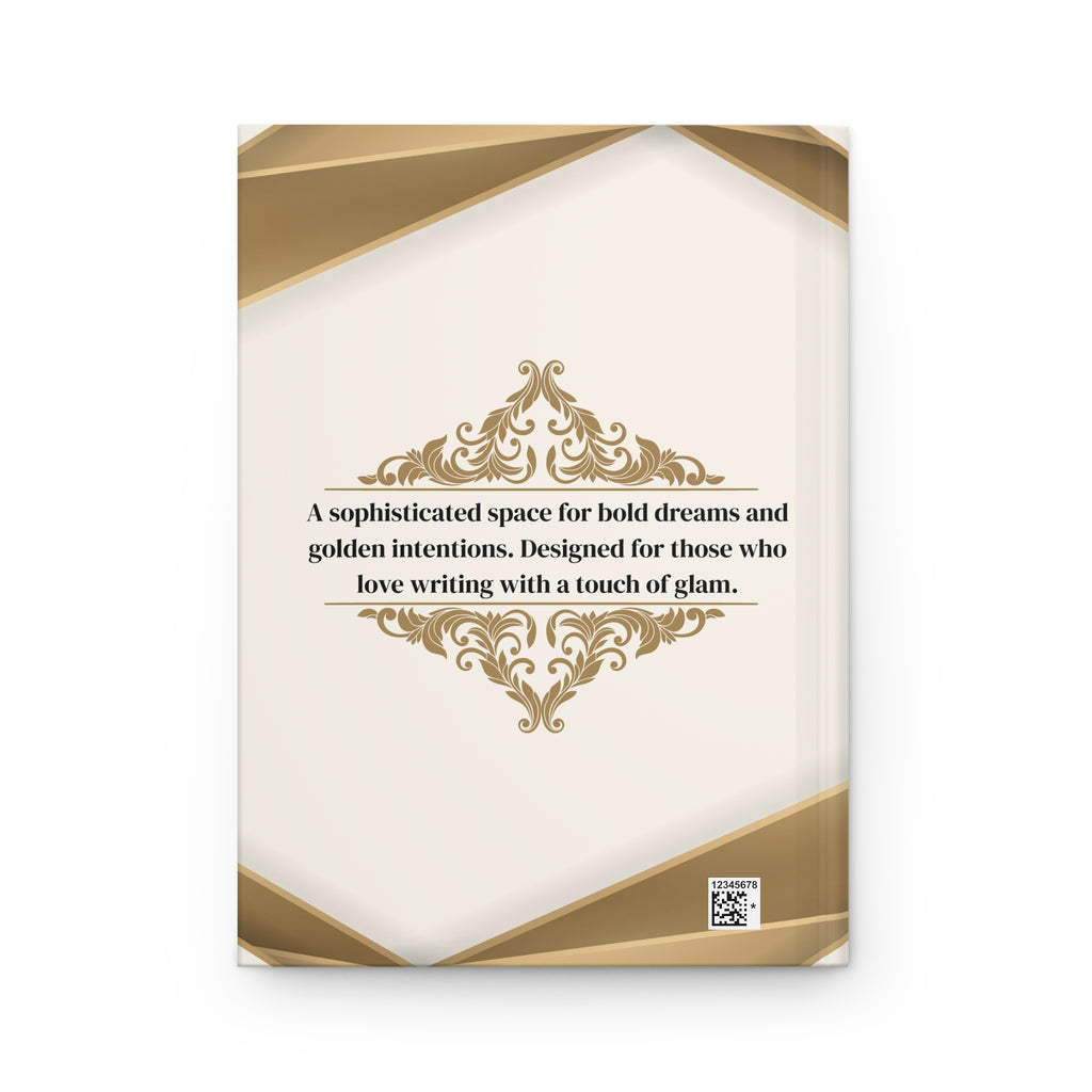 A rectangular book or booklet cover shown upright on a light gray background. The cover is cream with metallic gold geometric corner accents and ornate gold filigree, plus centered black text reading, 'A sophisticated space for bold dreams and golden intentions.