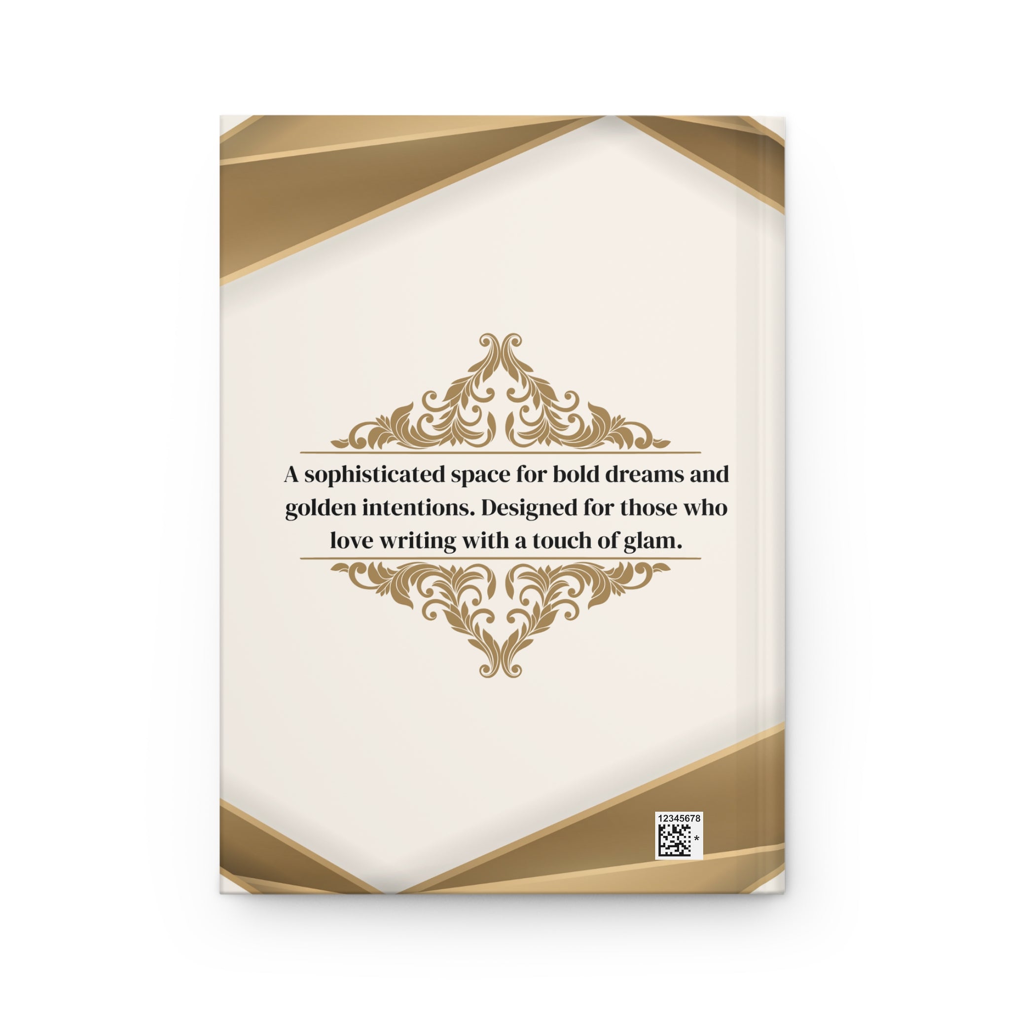 A rectangular book or booklet cover shown upright on a light gray background. The cover is cream with metallic gold geometric corner accents and ornate gold filigree, plus centered black text reading, 'A sophisticated space for bold dreams and golden intentions.