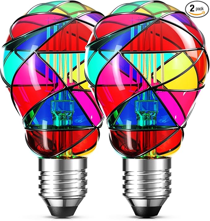 Two colorful glass light bulbs with a white background