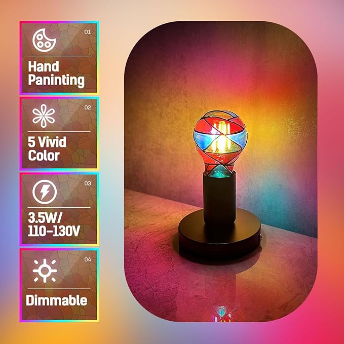 Colorful glass lamp with features listed on the left on a gradient background