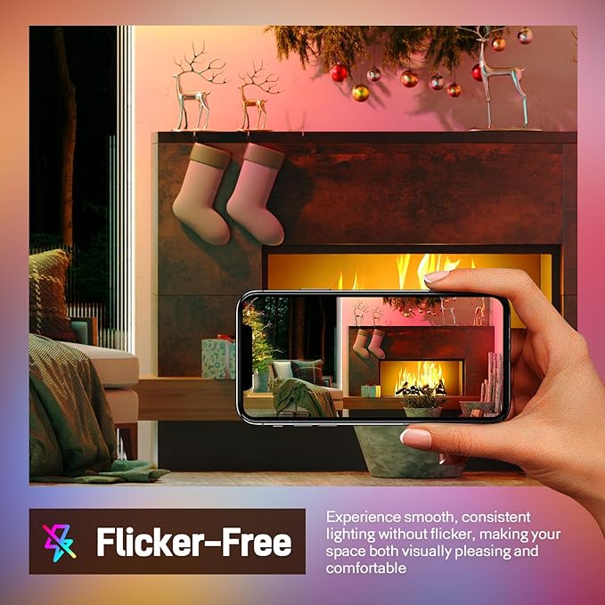Hand holding a smartphone showing a flicker-free light display in a cozy living room with Christmas decorations.