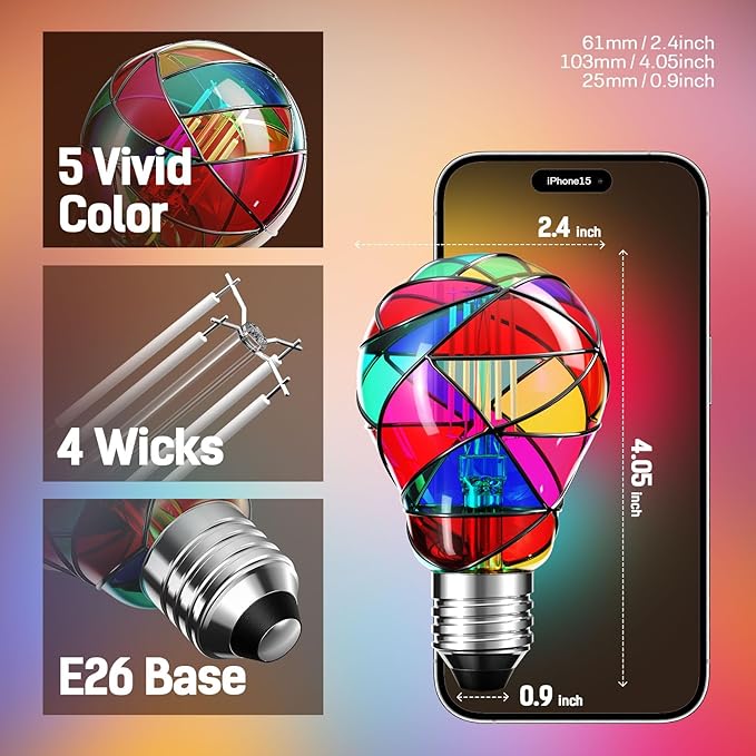 Colorful light bulb with dimensions and features on a gradient background