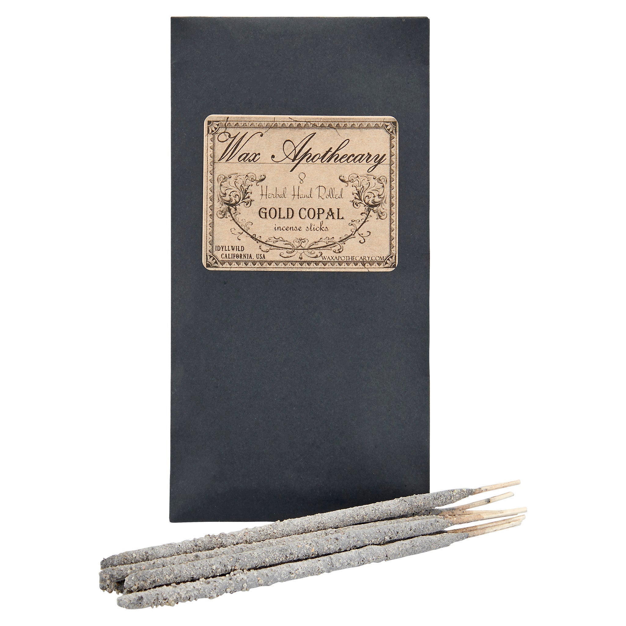Wax Apothecary Gold Copal incense sticks with packaging on a white background