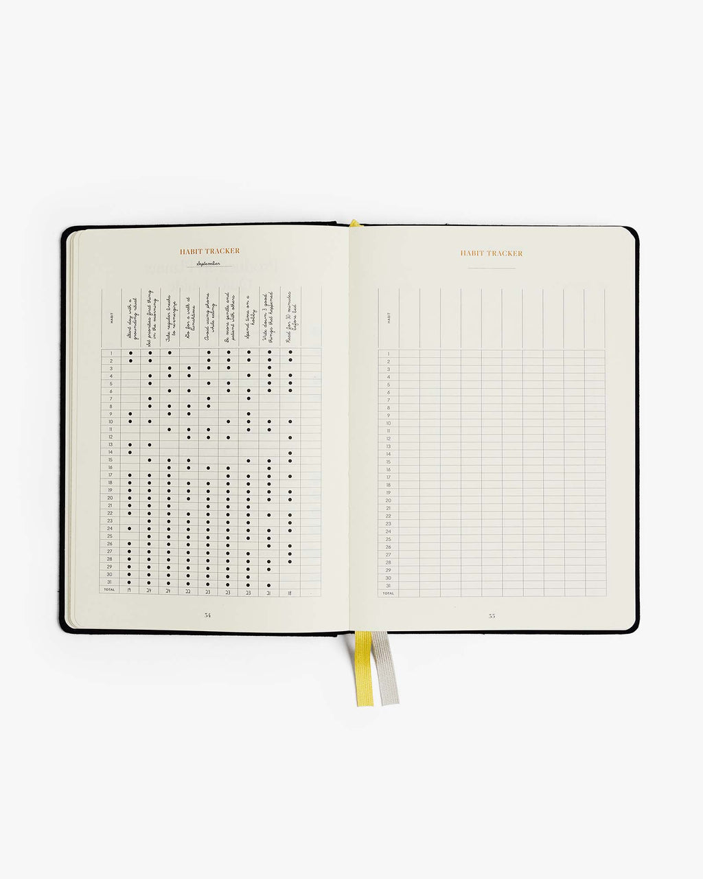 Open planner with grid and dot matrix pages on a white background