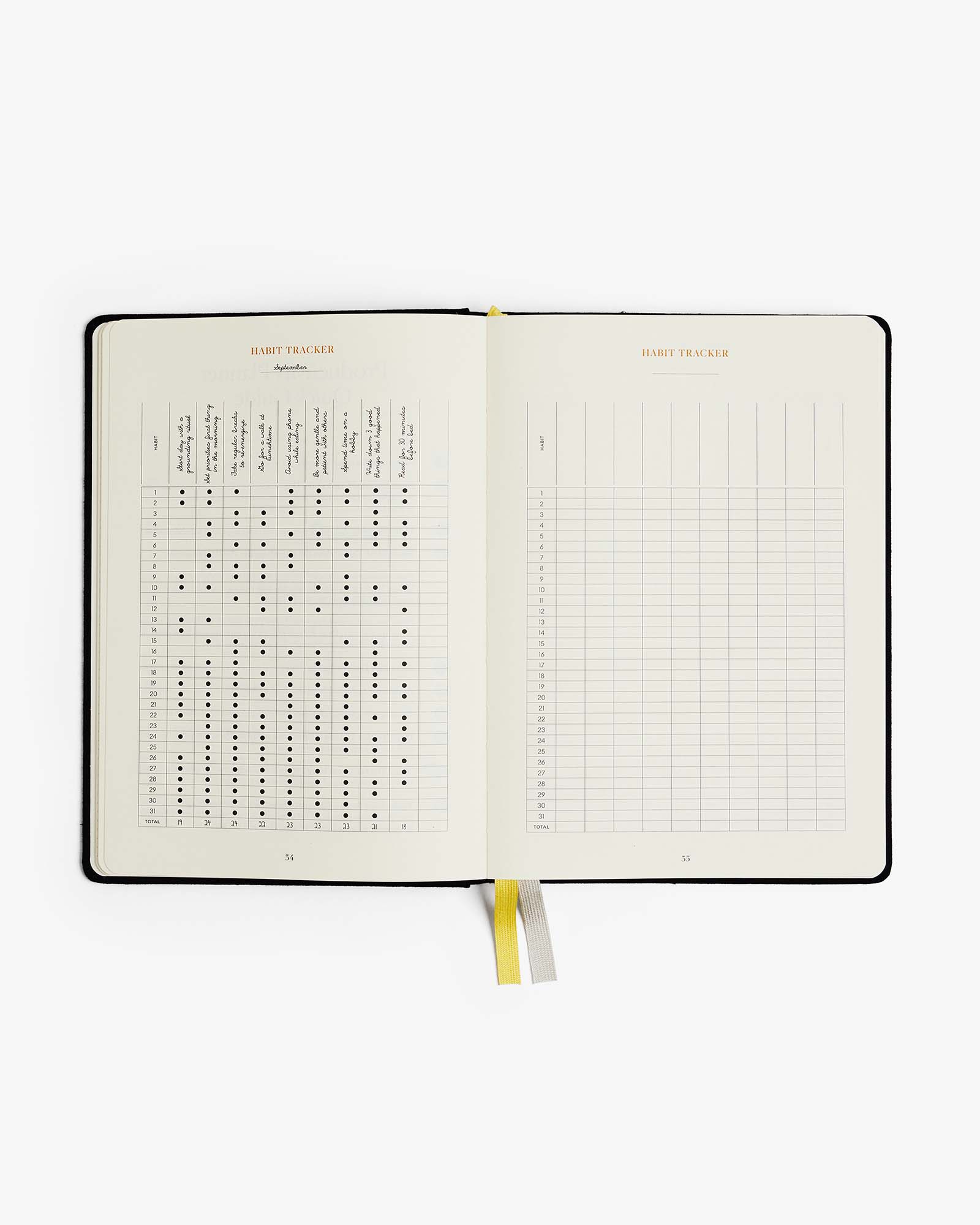 Open planner with grid and dot matrix pages on a white background