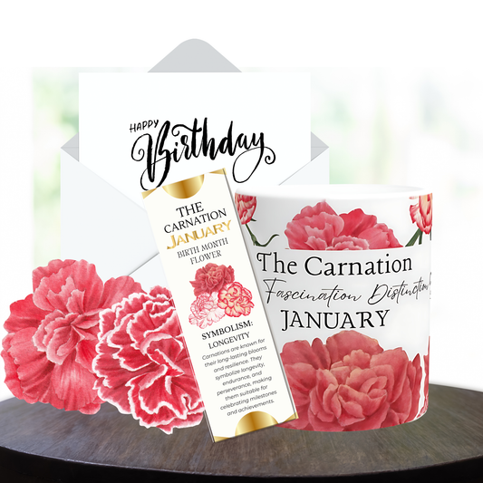 January Carnation birth flower mug with elegant floral design, perfect January birthday gift and coffee cup for flower lovers.