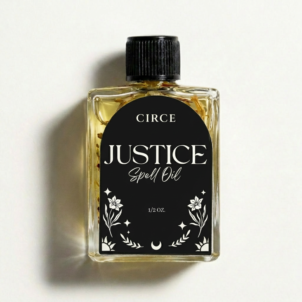 Bottle of Circe Justice Spell Oil with a black label on a light background