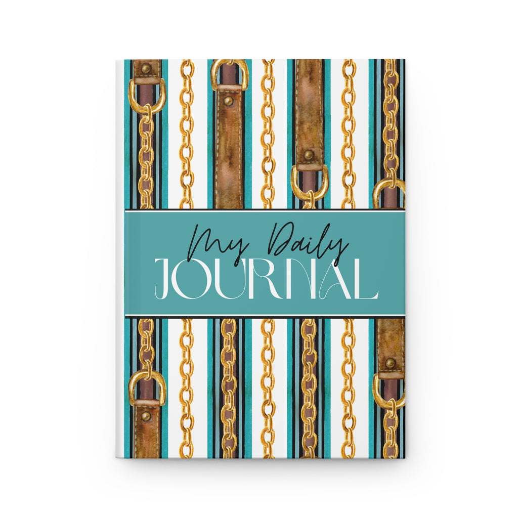 A hardcover daily journal with a decorative cover featuring teal and white vertical stripes, gold chains, brown leather-like vertical bars, and a central teal band with the text 'My Daily JOURNAL'.