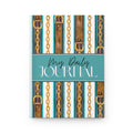 A hardcover daily journal with a decorative cover featuring teal and white vertical stripes, gold chains, brown leather-like vertical bars, and a central teal band with the text 'My Daily JOURNAL'.