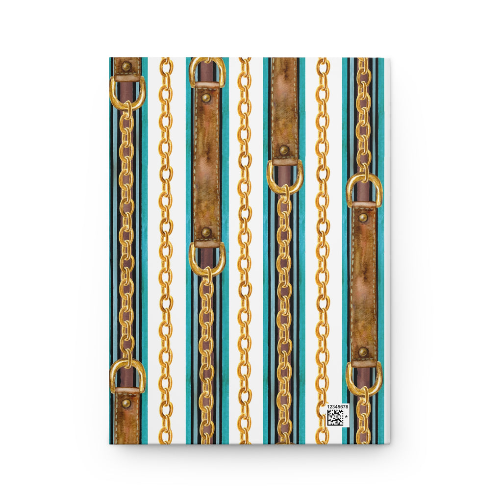 A notebook or journal with a vertical pattern of gold chains, distressed brown leather straps, and teal and white stripes, shown on a plain white background.