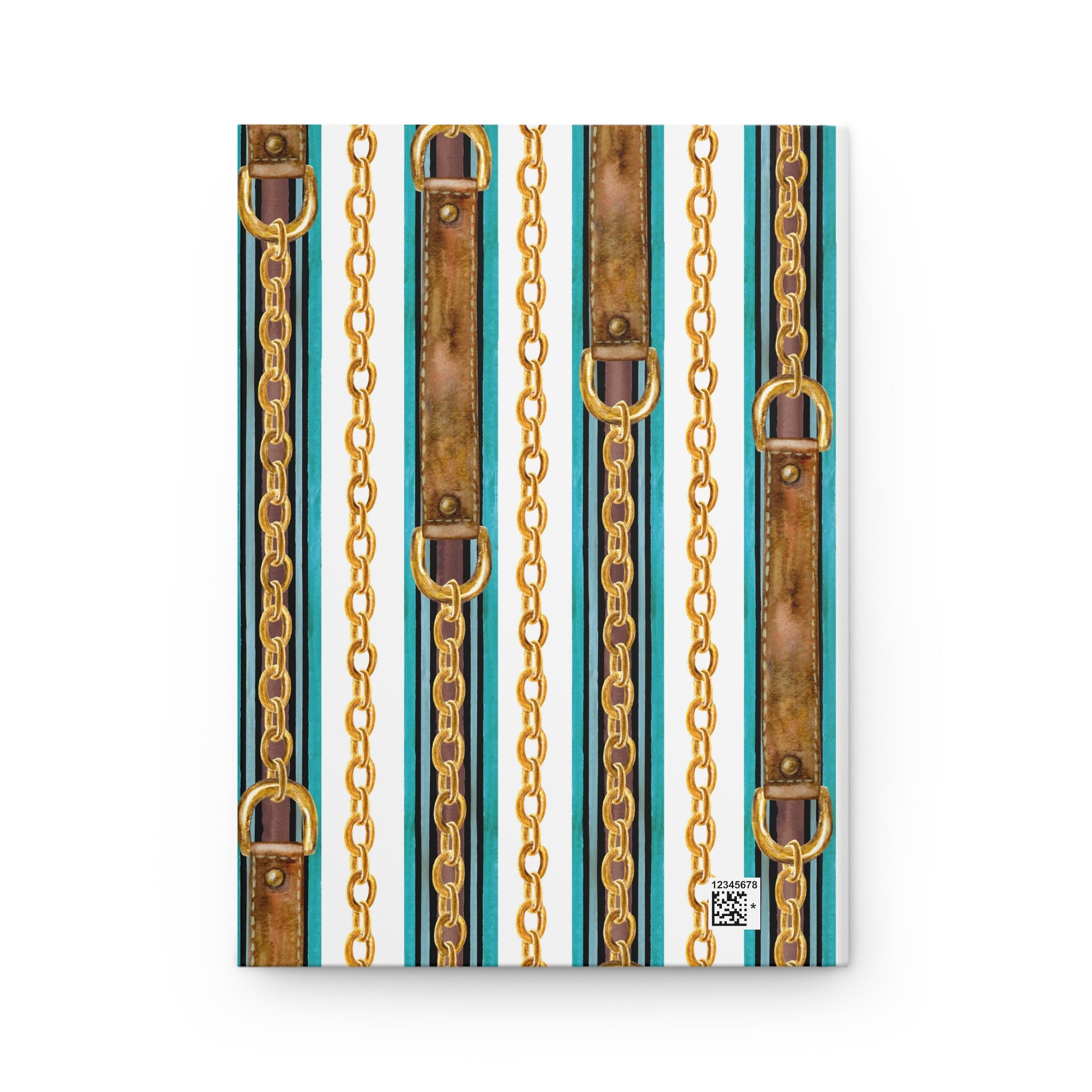 A notebook or journal with a vertical pattern of gold chains, distressed brown leather straps, and teal and white stripes, shown on a plain white background.