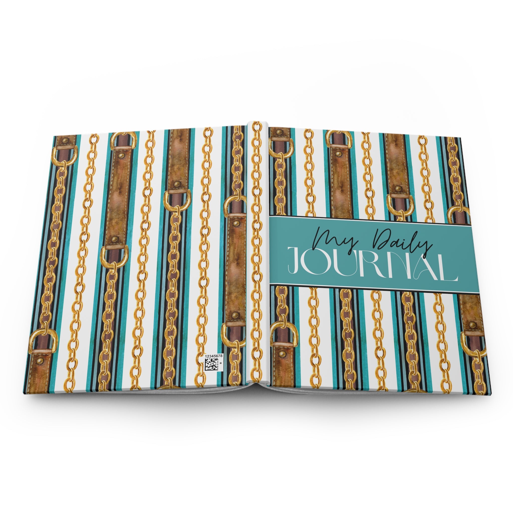 An open daily journal with a decorative cover pattern featuring vertical teal, white, and brown leather-look straps with gold chain links. A teal banner across the right page reads 'My Daily JOURNAL' in white script and serif text.