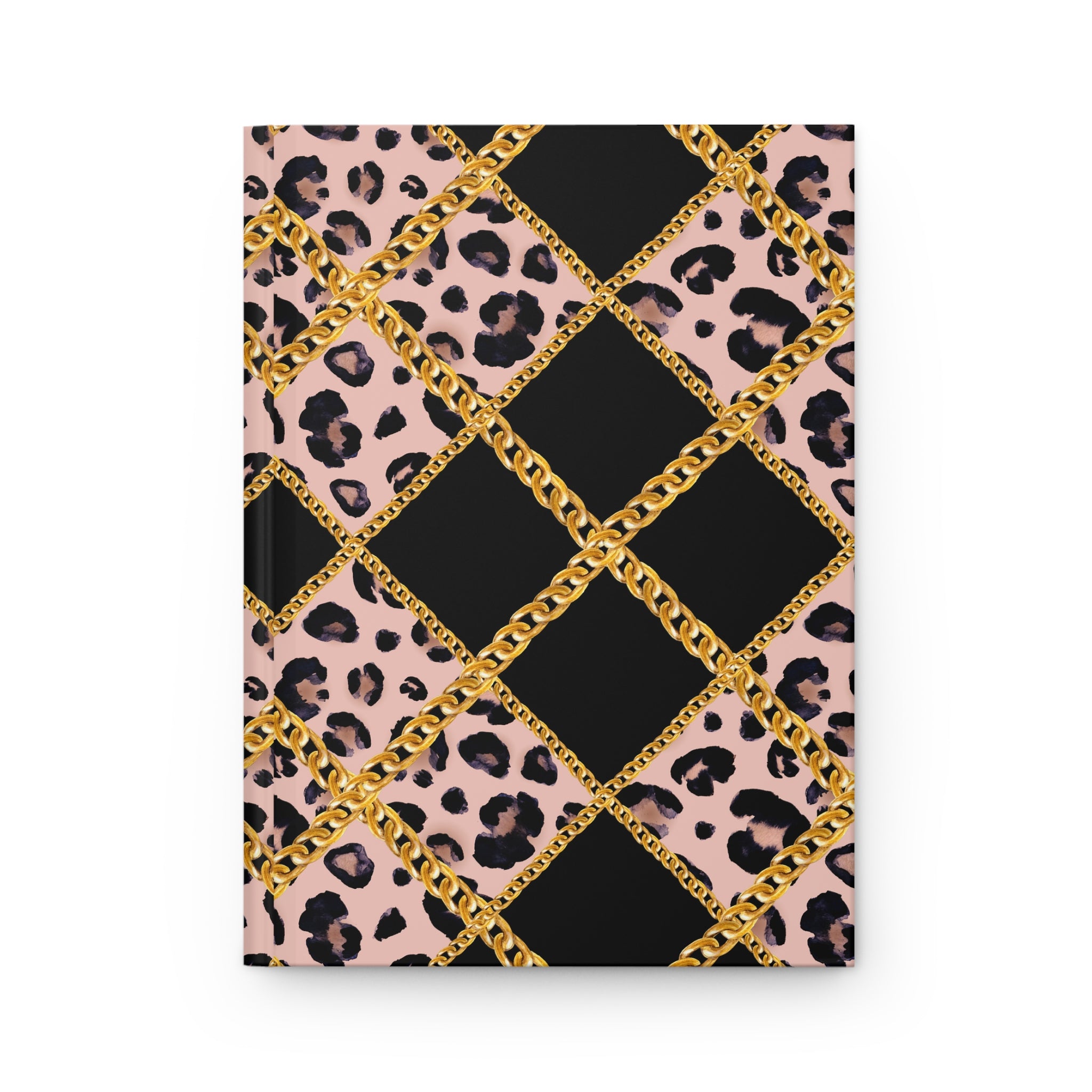 A notebook or journal with a patterned cover featuring black and pink leopard print, large black diamond sections, and a gold chain motif forming a lattice over the design, shown on a plain white background.