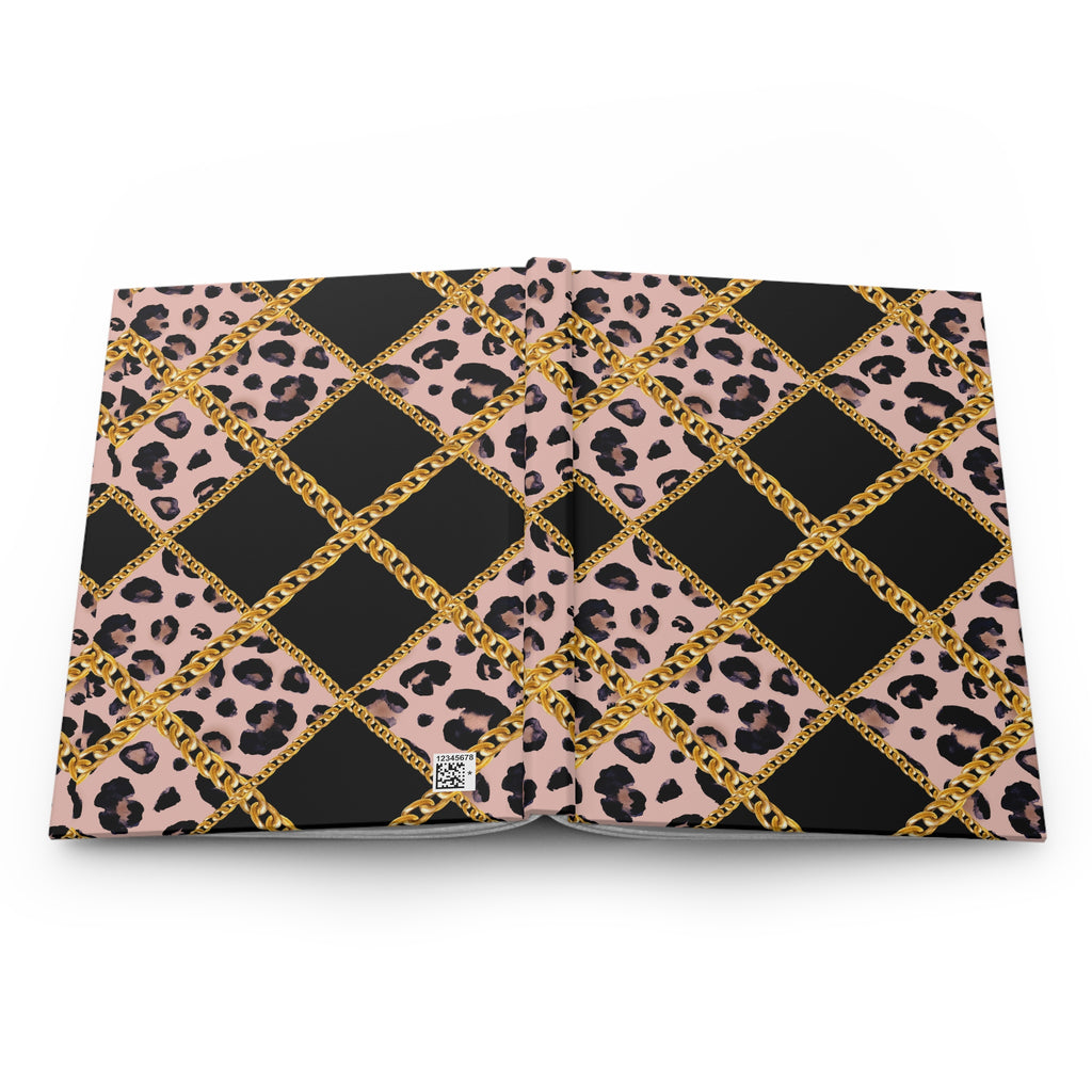 A square clutch bag featuring a pink leopard print pattern overlaid with a black diamond grid and gold chain-link borders, shown against a plain white background.