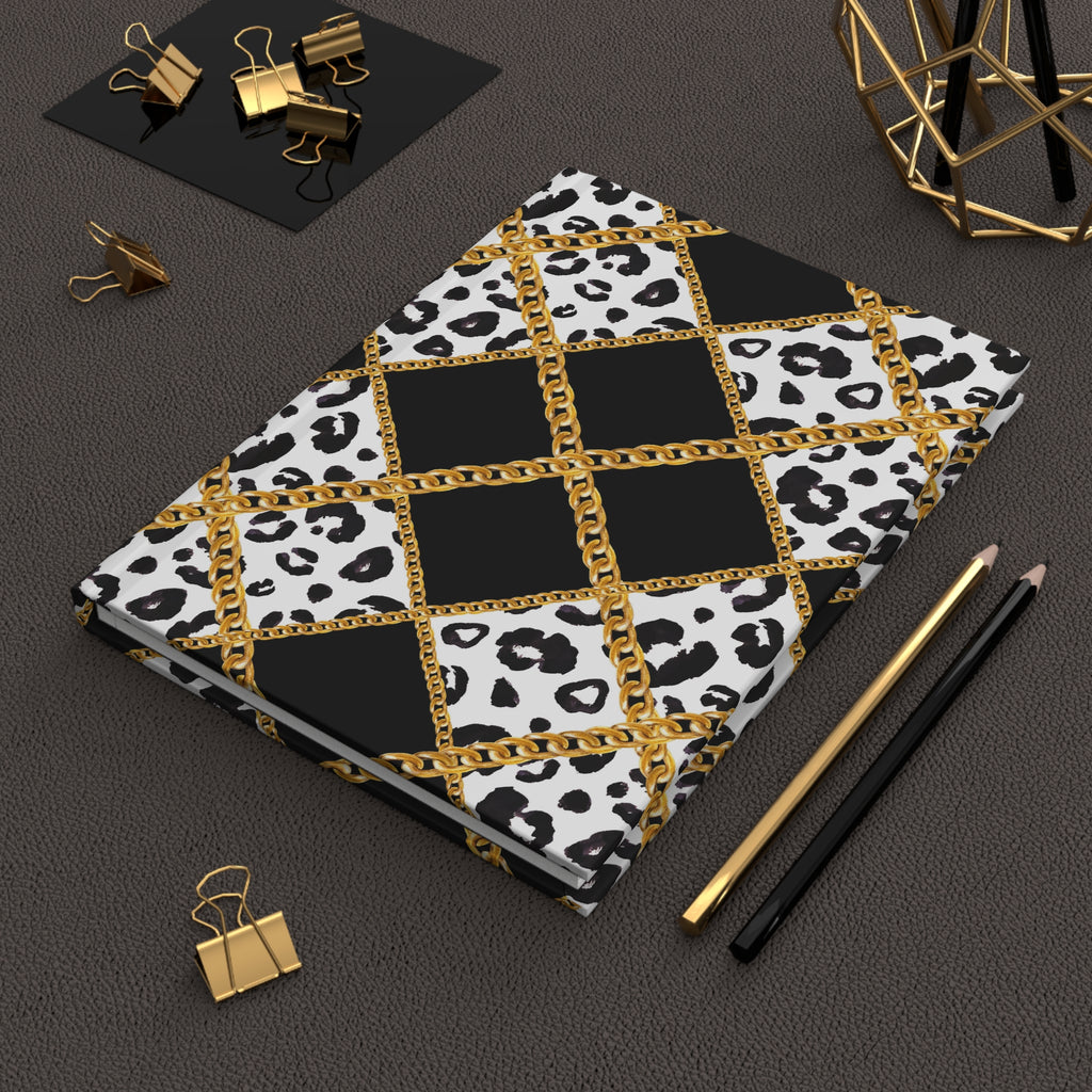 Leopard Chain Plaid Hardcover Journal — Luxe Black & Gold Lined Notebook by Printify