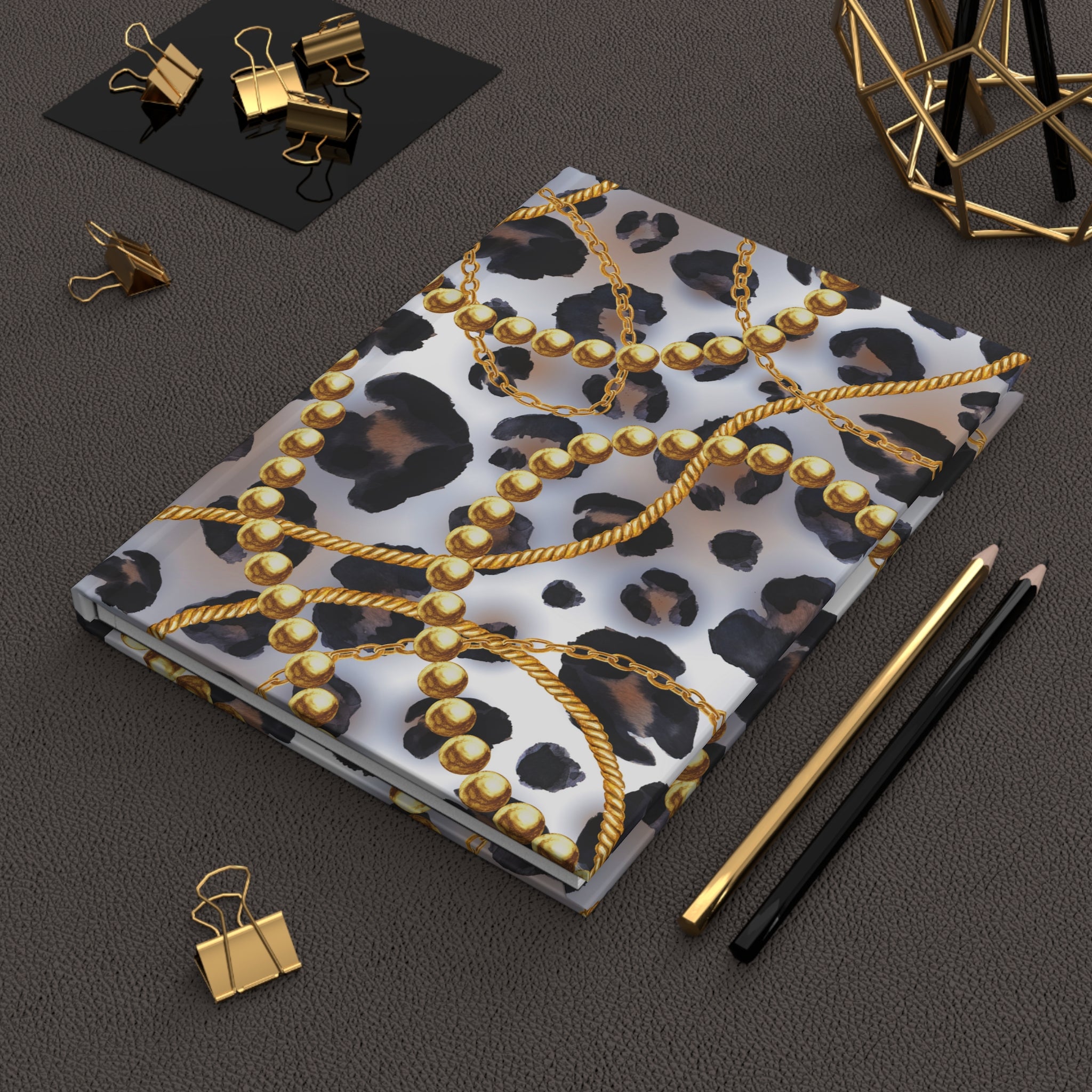 Leopard & Gold Chain Hardcover Journal — Lined Matte Notebook by Printify