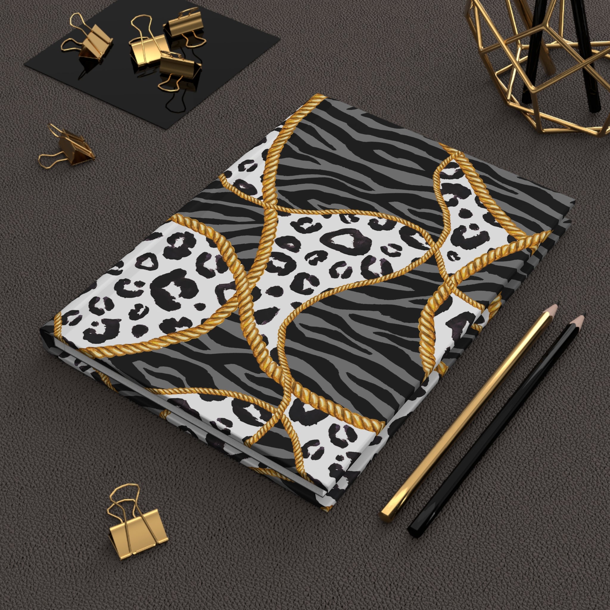 Leopard & Rope Pattern Hardcover Journal — Lined Black Zebra Notebook by Printify