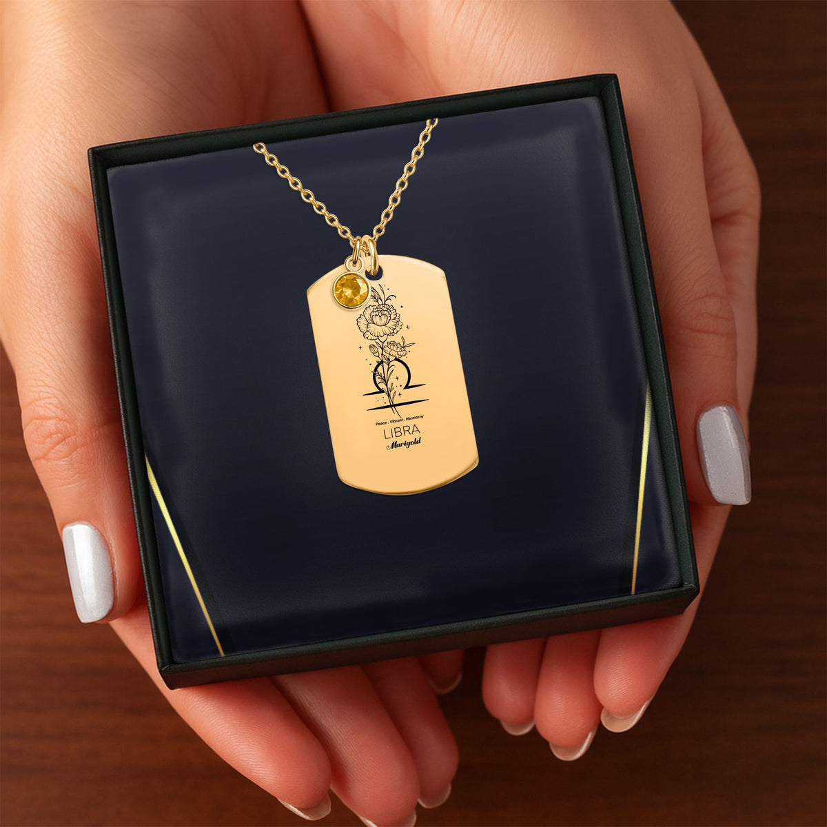 Libra Birth Flower Necklace Tag Necklace with Birthstone by OwnPrint