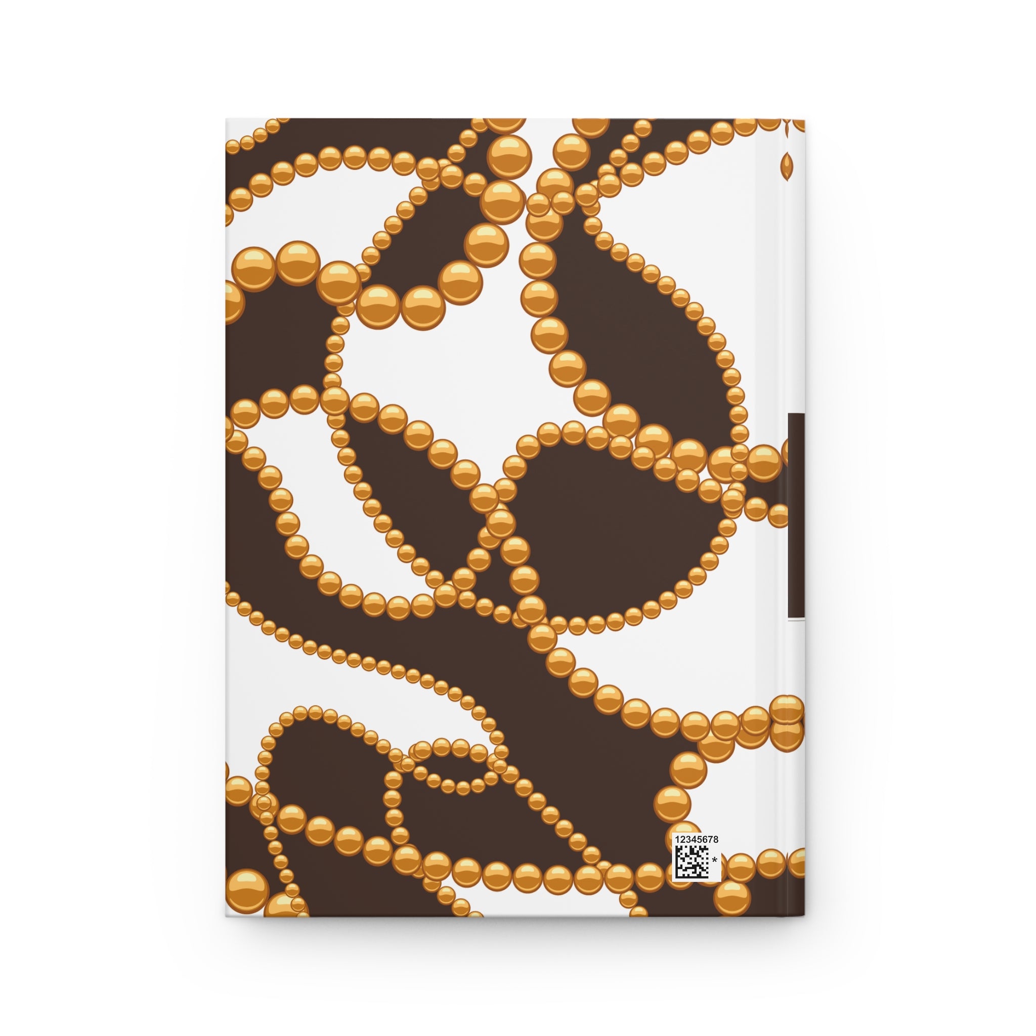 A notebook with a white cover decorated with a brown background and a pattern of gold beaded chains, shown on a plain white background.