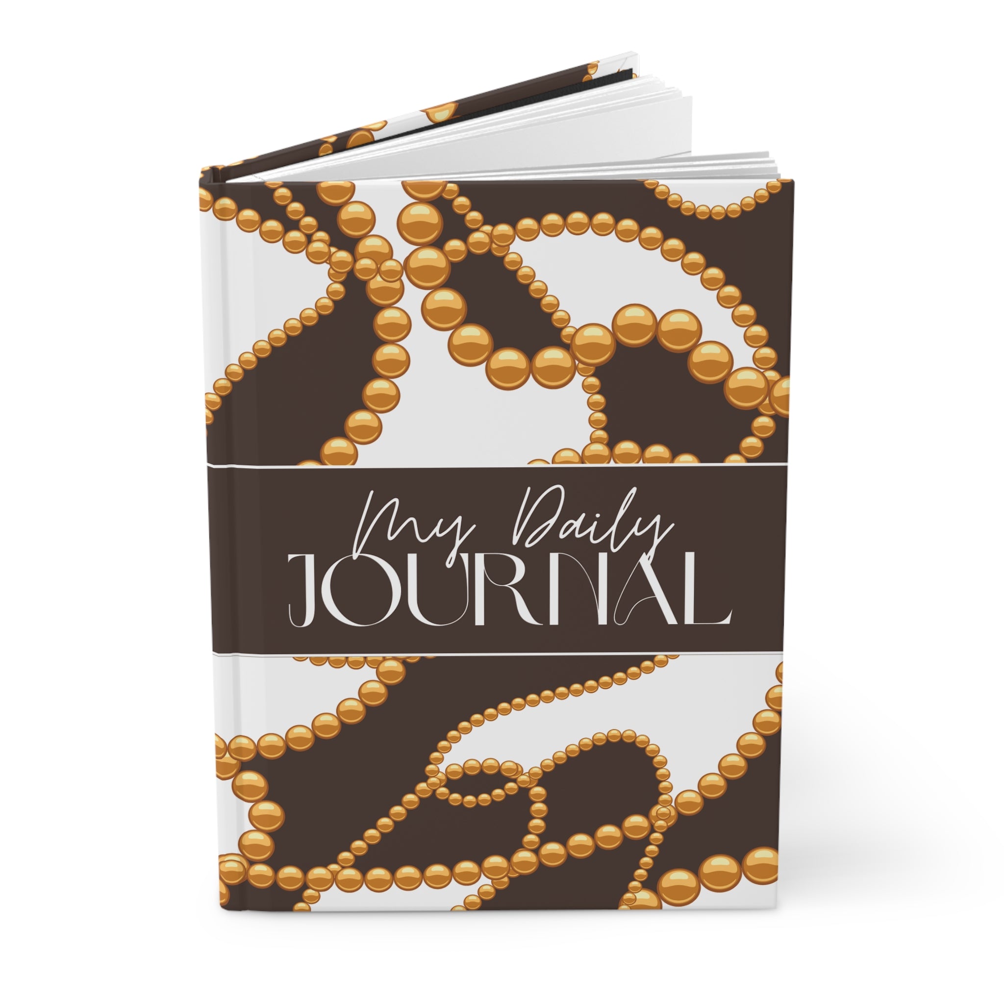 A hardcover daily journal with a brown and white cover featuring a gold beaded necklace pattern, with a dark brown horizontal band across the middle that reads 'My Daily JOURNAL' in white text.