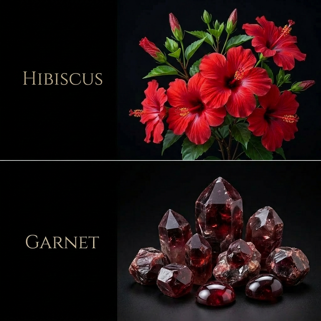 Top half of the image shows red hibiscus flowers with green leaves on a black background, labeled 'HIBISCUS'. Bottom half shows garnet gemstones on a black background, labeled 'GARNET'.