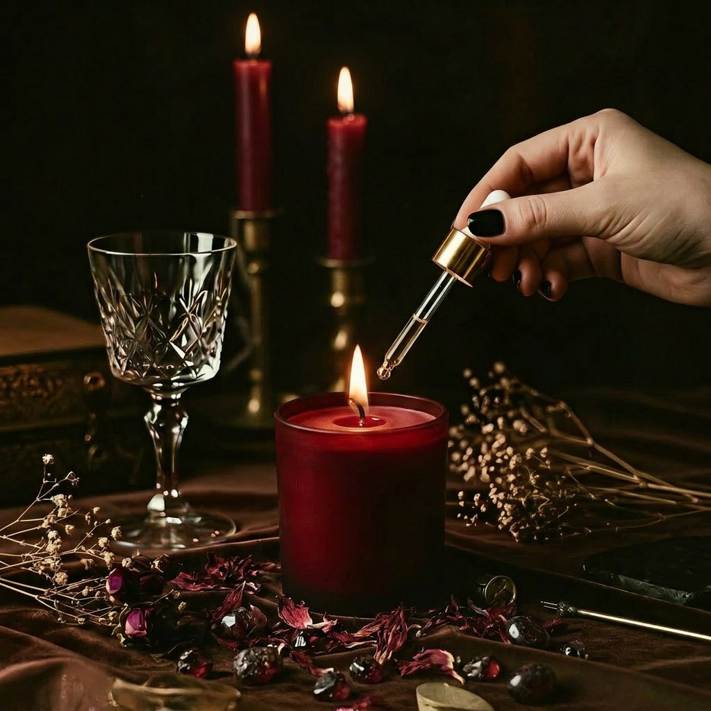 Hand using a dropper to add liquid to a lit red candle with candles and a glass in the background.