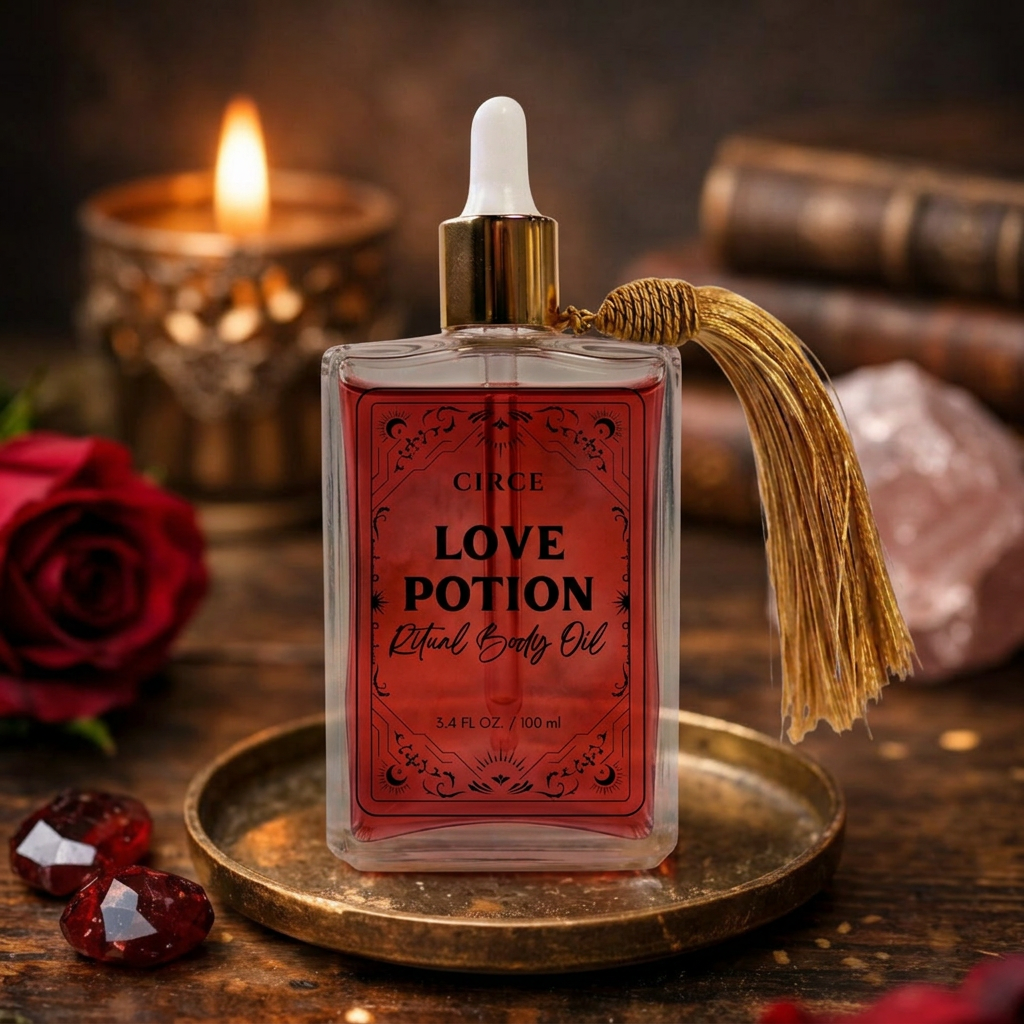 Love Potion bottle with red label on a wooden surface with candles and rose petals.