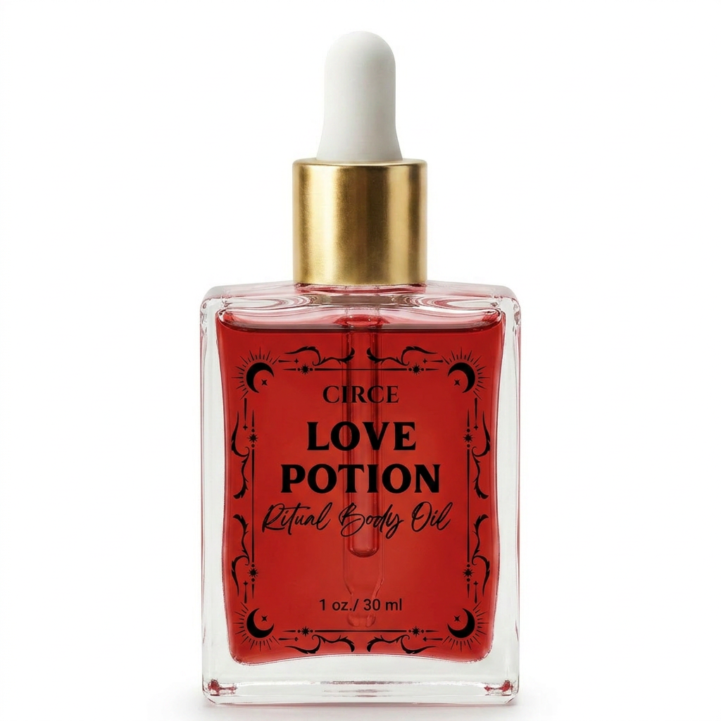 Red bottle labeled 'Love Potion' with a dropper on a white background