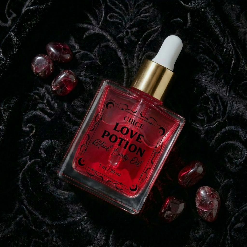 Red potion bottle labeled 'Love Potion' on a dark textured background