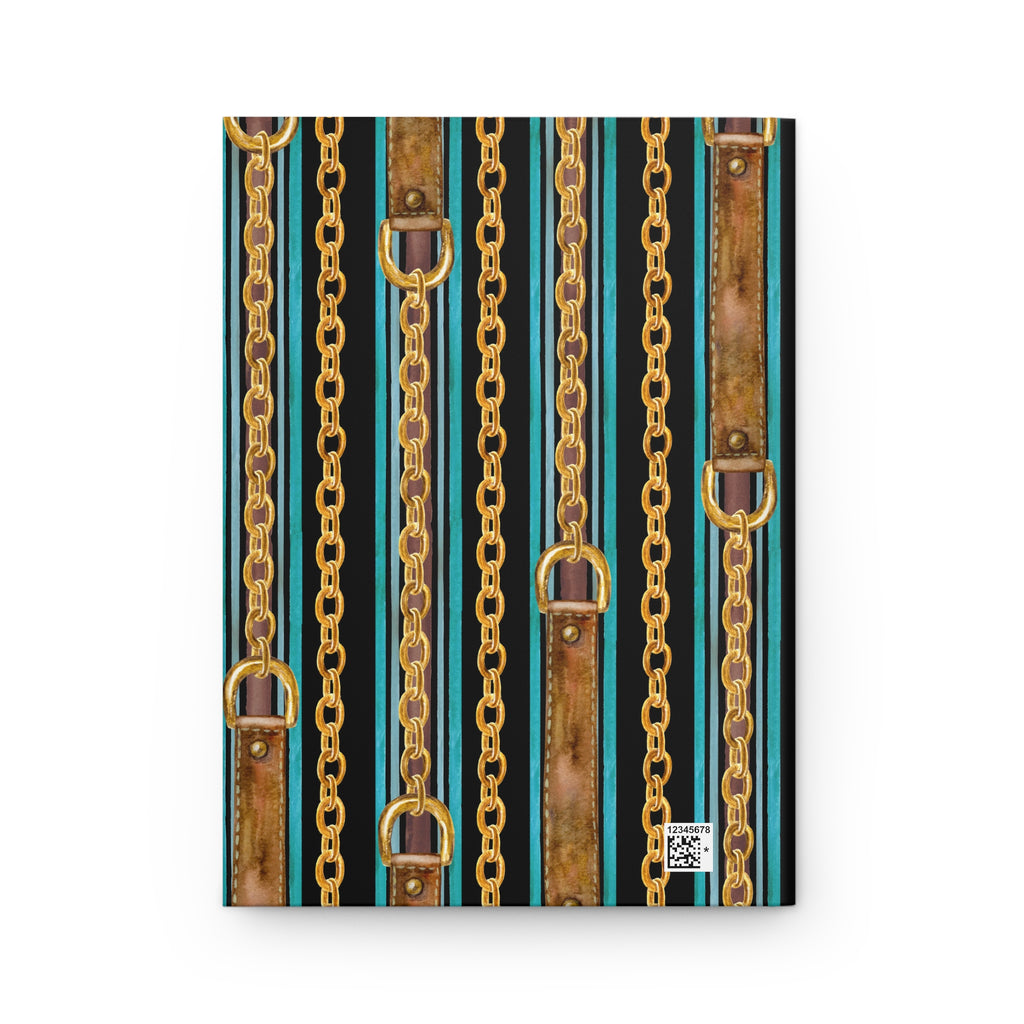 A rectangular product featuring a repeating pattern of vertical teal and black stripes with brown leather-like straps and gold-tone chain links, shown against a plain white background.