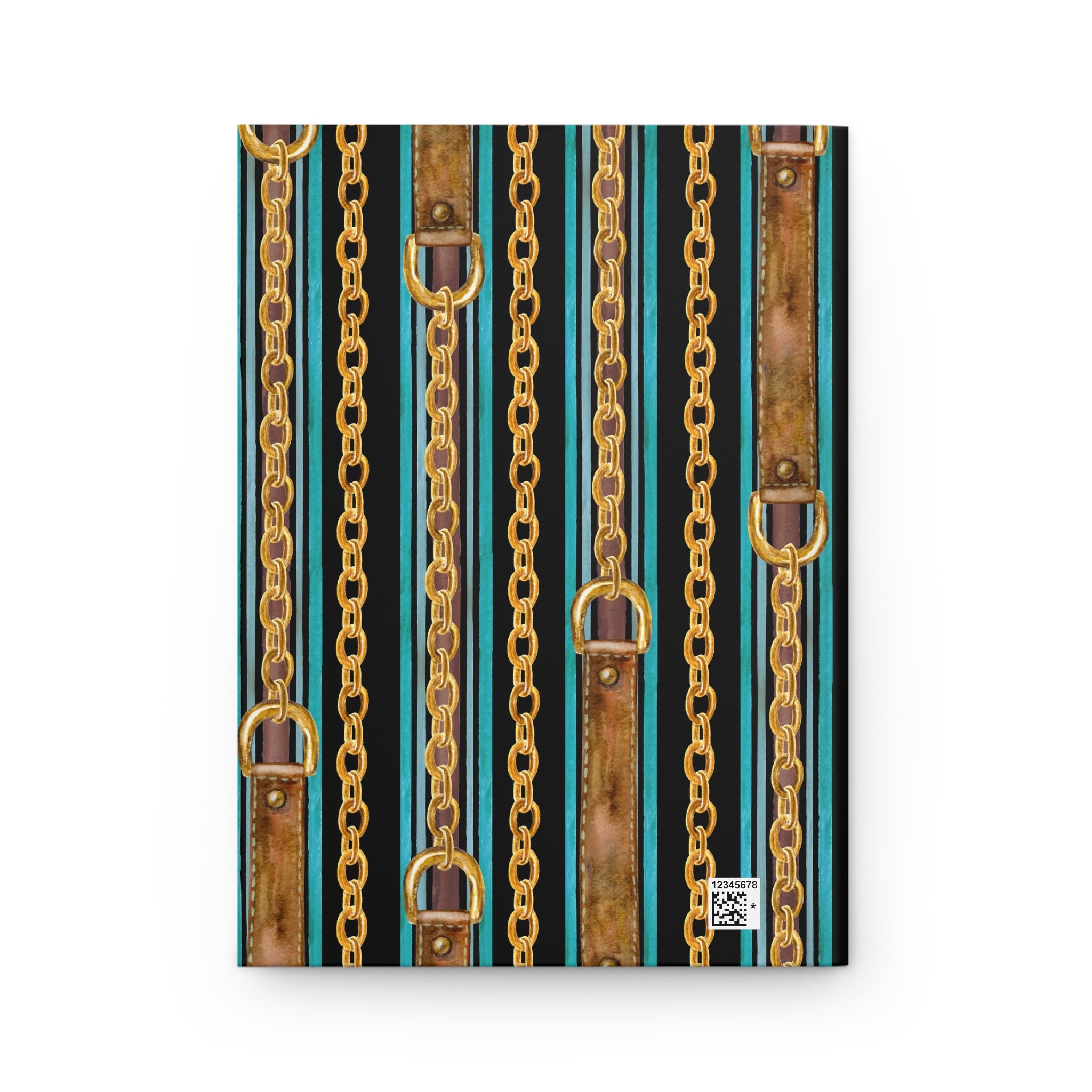 A rectangular product featuring a repeating pattern of vertical teal and black stripes with brown leather-like straps and gold-tone chain links, shown against a plain white background.