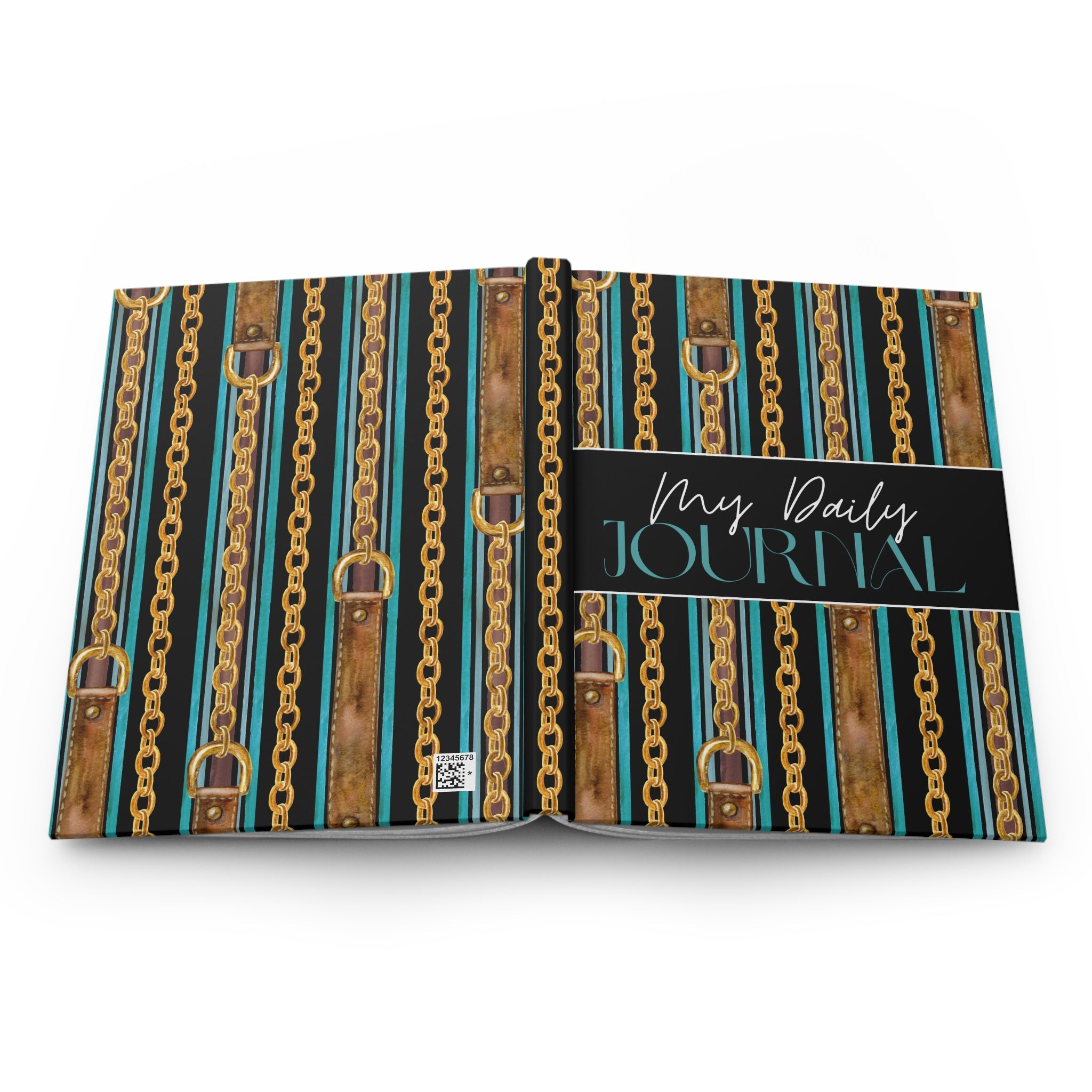 An open hardcover journal displaying a decorative cover pattern of vertical gold chains, brown leather straps, and teal stripes, with a black cover band reading 'My Daily JOURNAL' in white and teal script.