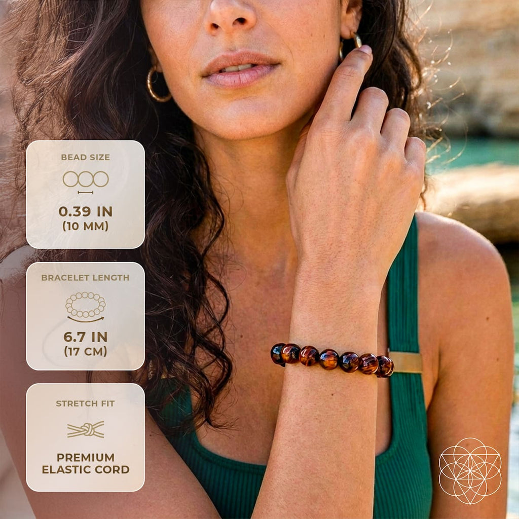 A woman wearing a beaded bracelet with three informational callouts on the left detailing bead size, bracelet length, and stretch fit.