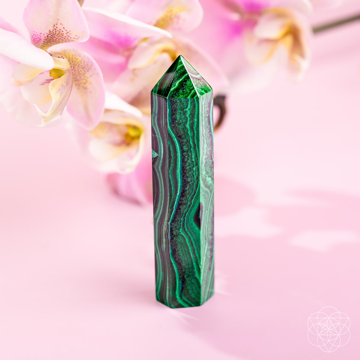 Green malachite crystal on a pink background with flowers
