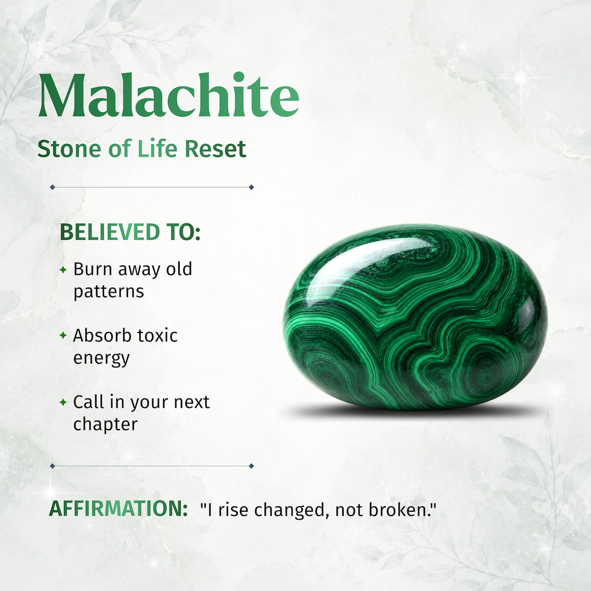 Malachite stone with information about its properties on a white background