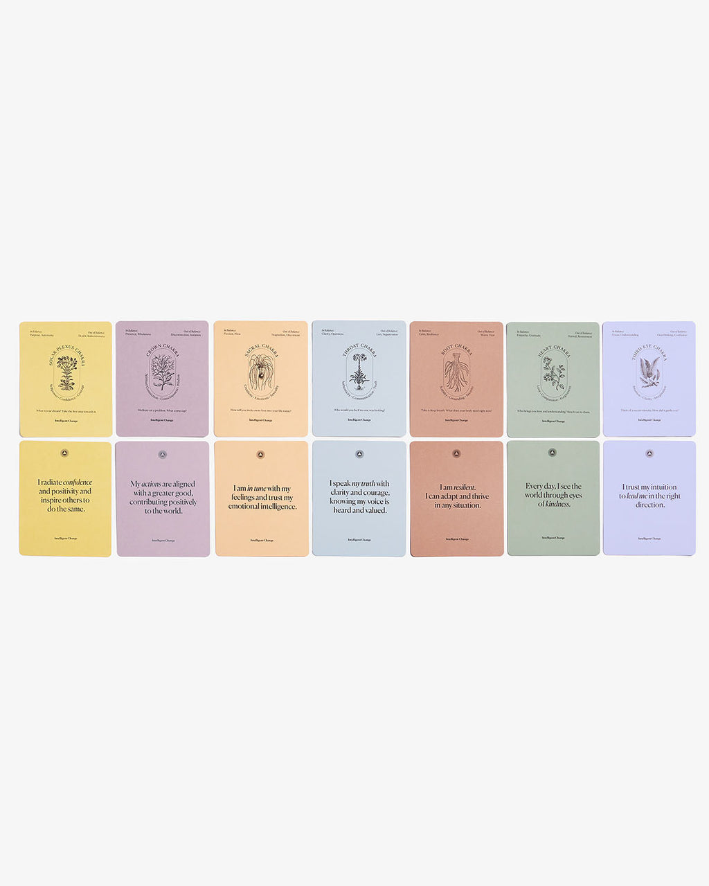 Set of 9 pastel-colored cards with text on a white background