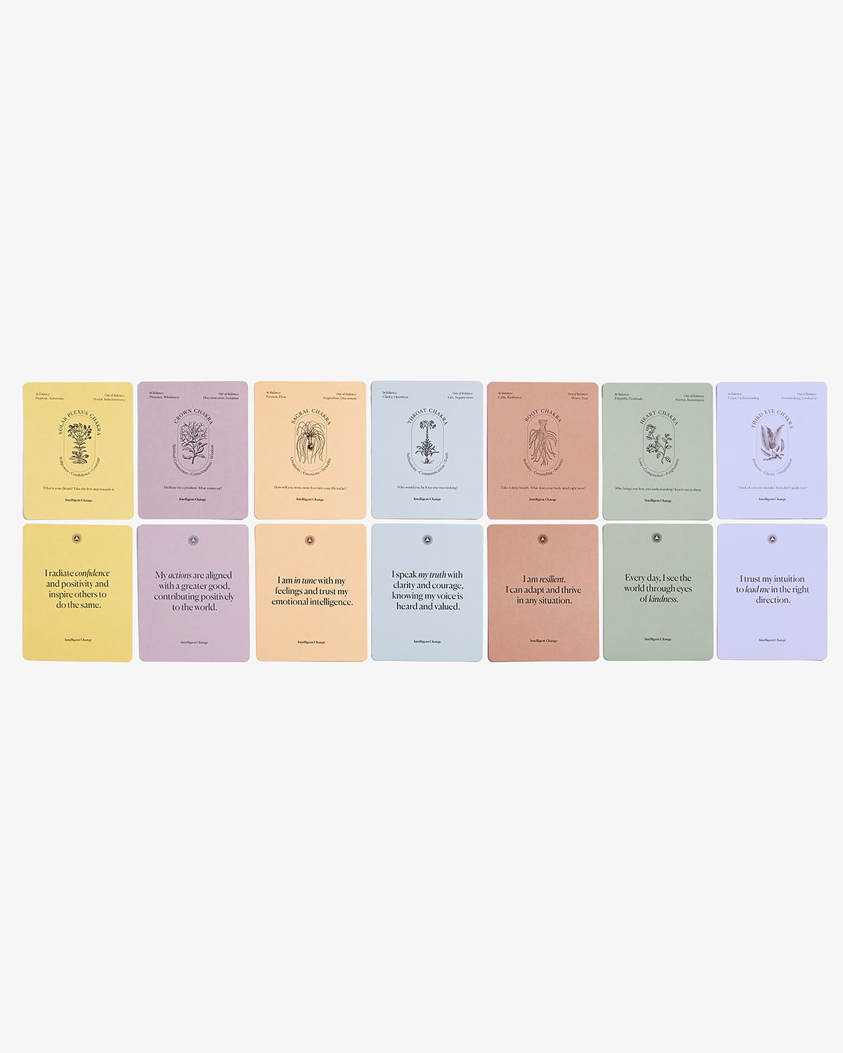 Set of 9 pastel-colored cards with text on a white background