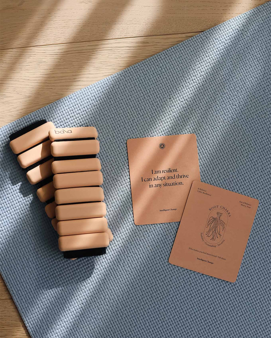 Set of yoga blocks and two cards on a textured mat with wooden floor background