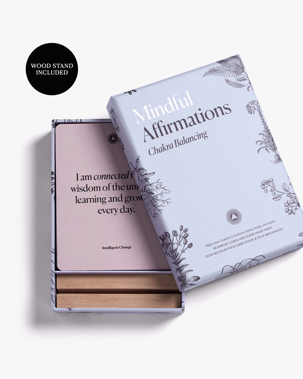 Mindful Affirmations product with wooden stand on a white background